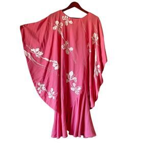 Vintage 70s Hans Jutte Hawaii Pink Floral Kaftan Midi Dress Size Small